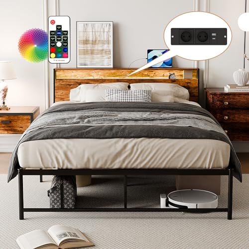 BEXEVUE Bett 140x200 cm mit LED und Steckdose, Metallbettgestell mit Kopfteil, moderner Bettrahmen mit Stauraum, robust und langlebig, einfach zu montieren – Ideal für Schlafzimmer und Gästezimmer von BEXEVUE