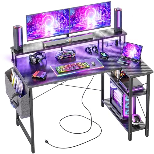 BEXEVUE Eckschreibtisch mit Steckdosenleiste LED – 120x70 cm Ergonomic Kleiner L-förmiger Ablagefächer, Umkehrbarer PC Ecktisch Computertisch, Corner Gaming Tisch, Studium Arbeit Zuhause Schlafzimmer von BEXEVUE