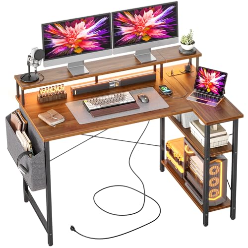 BEXEVUE Eckschreibtisch mit Steckdosenleiste LED – 120x70 cm Ergonomic Kleiner L-förmiger Ablagefächer, Umkehrbarer PC Ecktisch Computertisch, Corner Gaming Tisch, Studium Arbeit Zuhause Schlafzimmer von BEXEVUE