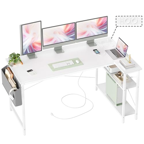 BEXEVUE Gaming Schreibtisch L-Form, 140 x 70 cm, Reversibel Gaming Tisch Computertisch mit Steckdosen und Seitentaschen, Eckschreibtisch für Büro und Homeoffice Stärker X Form Halterung, Weiß von BEXEVUE