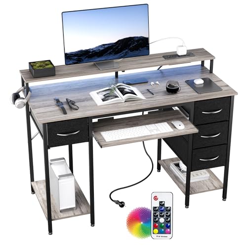 BEXEVUE Gaming Schreibtisch mit Steckdosen LED - 120x50 cm Moderner Computertisch mit Tastaturablage, 4 Umkehrbare Schubladen, Großes Lagerregal zum Lernen Spielen Arbeiten Schlafzimmer Heimbüro, Grey BEXEVUE Gaming Schreibtisch mit Steckdosen LED - 120x50 cm Moderner Computertisch mit Tastaturablage, 4 Umkehrbare Schubladen, Großes Lagerregal zum Lernen Spielen Arbeiten Schlafzimmer Heimbüro, Grey von BEXEVUE