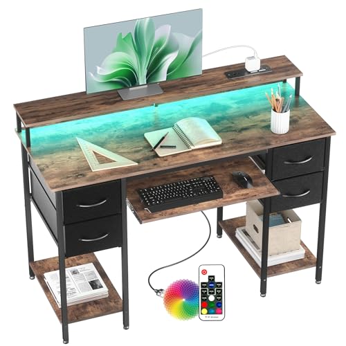 BEXEVUE Gaming Schreibtisch mit Steckdosen LED - 120x50 cm Moderner Computertisch mit Tastaturablage, 4 Umkehrbare Schubladen, Großes Lagerregal zum Lernen Spielen Arbeiten Schlafzimmer Heimbüro von BEXEVUE