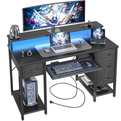 BEXEVUE Gaming Schreibtisch mit Steckdosen LED - 120x50cm Moderner Computertisch mit Tastaturablage, 4 Umkehrbare Schubladen, Großes Lagerregal zum Lernen Spielen Arbeiten Schlafzimmer Heimbüro von BEXEVUE