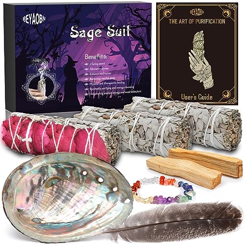 BEYAOBN Räucherset, 3 Bündel Salbei räuchern,Weisser Salbei zum Räuchern,Palo Santo Abalone-Muschel 12cm, Feder Räucher Set,Raucherbündel,Beseitigt Negative Energien,Fördert die Meditation Rituale von BEYAOBN
