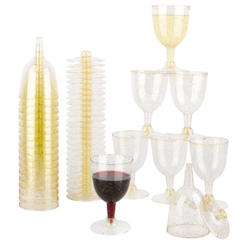 BEYGIH 30 Stück Weingläser Kunststoff, 170ml Abnehmbar Weinglas mit Goldglitter, Mehrweg Cocktailgläser mit Stiel für Getränke zu Hochzeiten Partys für Whisky Champagner Bier oder Pudding Mousse von BEYGIH