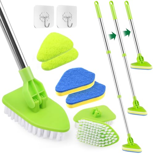 BEYGIH Schrubber mit Stiel, 4 in 1 Teleskopstiel dusche reinigungsbürste mit DREI Arten Von bürsten, Abnehmbare Bürste mit Steifen Borsten und Schwammkopf für Bad, Badewanne, Boden, Wand, Terrasse von BEYGIH