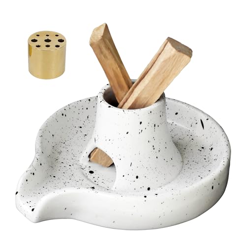 BEYLAB 3 in 1 Einzigartiges Design Räucherstäbchenhalter Keramik Räucherschale für jedes Räucherwerk, Räucherstäbchen, Palo Santo Halter, Weißer Salbei, Abnehmbares Messingset - Gesprenkelt Weiß von BEYLAB