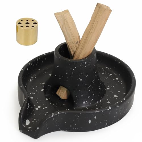 BEYLAB 3 in 1 Einzigartiges Design Räucherstäbchenhalter Keramik Räucherschale für jedes Räucherwerk, Räucherstäbchen, Palo Santo Halter, Weißer Salbei, Abnehmbares Messingset - Gesprenkelt Schwarz von BEYLAB