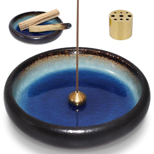 BEYLAB 3 in 1 Räucherstäbchenhalter Keramik Räucherschale für jedes Räucherwerk, Räucherstäbchen, Palo Santo Halter, Weißer Salbei, Salbei räuchern, Abnehmbares Messingset - Blau von BEYLAB