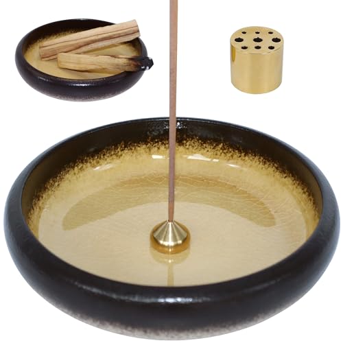 BEYLAB 3 in 1 Räucherstäbchenhalter Keramik Räucherschale für jedes Räucherwerk, Räucherstäbchen, Palo Santo Halter, Weißer Salbei, Salbei räuchern, Abnehmbares Messingset - Gelb von BEYLAB