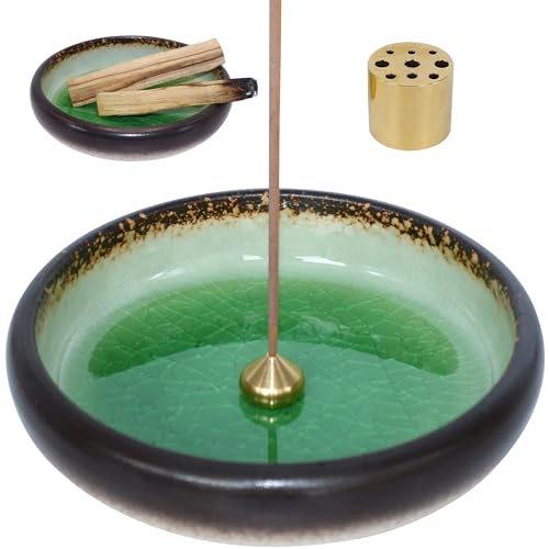 BEYLAB 3 in 1 Räucherstäbchenhalter Keramik Räucherschale für jedes Räucherwerk, Räucherstäbchen, Palo Santo Halter, Weißer Salbei, Salbei räuchern, Abnehmbares Messingset - Grün von BEYLAB