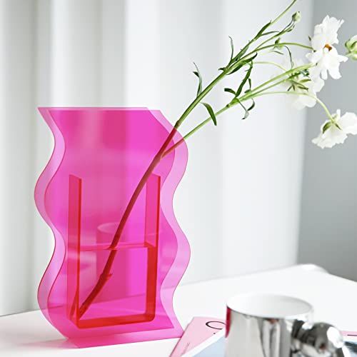 BEYLAB Acryl Vase Moderne Design Aesthetic Room Decor, Transparent Welle Unzerbrechlich Retro Dekoration Acrylic Art Vase deko Schlafzimmer, Wohnzimmer Tisch büro - Rosa von BEYLAB