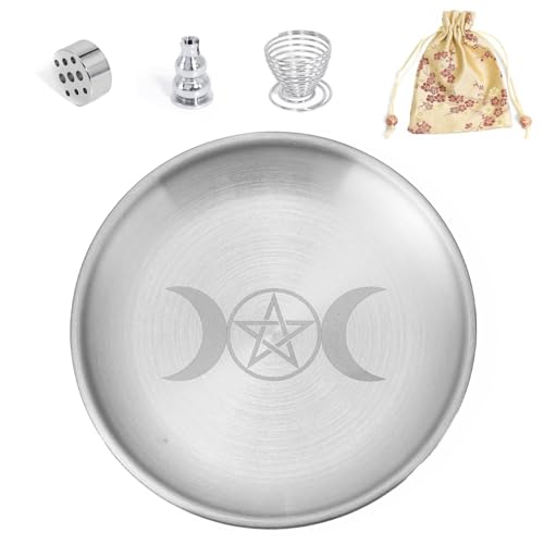 BEYLAB Triple Goddess Messing 5 in 1 Räucherstäbchenhalter mit Aufbewahrungstasche 14cm Räucherschale für jedes Räucherwerk, Räucherstäbchen, Palo Santo Halter, Weißer Salbei, Räucherkegel (Silvery) von BEYLAB