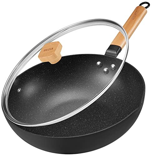 BEZIA Induktions-Wok mit Deckel, 30,5 cm, antihaftbeschichtet, Bratpfanne mit Holzgriff, einfache Reinigung und Backofen, für alle Herdarten von BEZIA