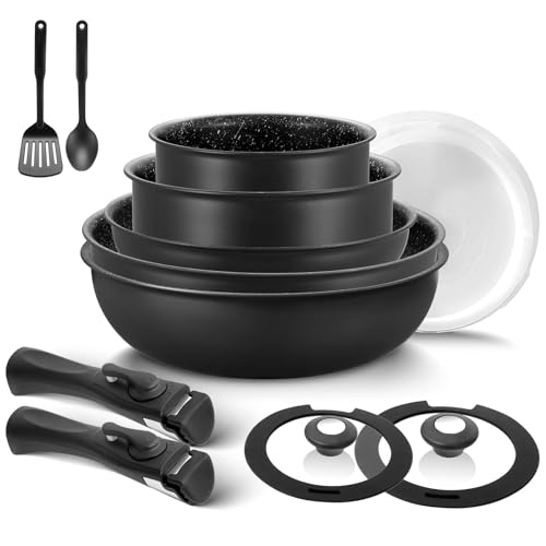 BEZIA Pfannenset mit abnehmbaren Griffen, Töpfe und Pfannen Set mit Deckel, Induktions Töpfe Set 13-tlg, Antihaftbeschichtet, für alle Herdarten von BEZIA