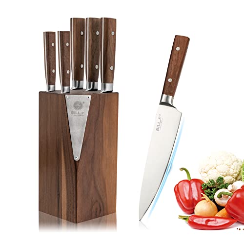 Messerblock mit Küchenmesser Set | 5 Schlitze | 1 Holzblock | 5 Messer | Chefmesser 20 cm, Brotmesser 20 cm, Schneidemesser 20 cm, Allzweckmesser 11 cm, Gemüsemesser 9 cm | Konstante Schneidleistung von BF BILL.F SINCE 1983