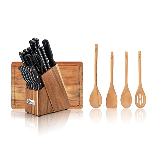 Bill.F Messer Set, Holz Küche Set für Küche mit Block Edelstahl Messer 16 Pcs, 4pcs Holz Kochutensilien Löffel Set, 1pc Schneidebrett mit Nut, Chef Küche Gadgets Utensil Set von BF BILL.F SINCE 1983