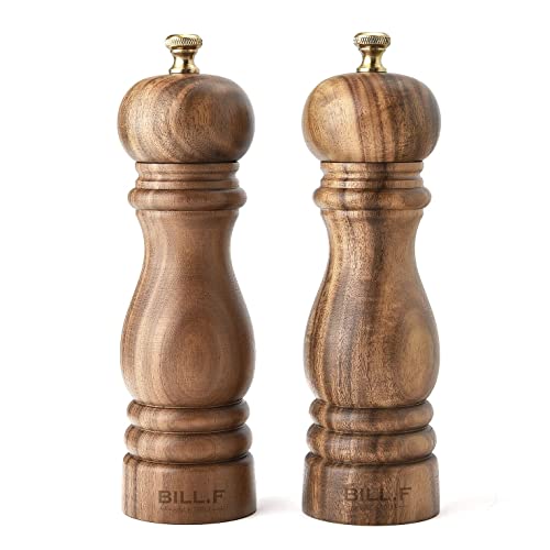 Pfeffermühle, Holz-Salz- und Pfeffermühlen-Set, Gewürzmühle, Akazienholz, manuelle Salzmühle, nachfüllbare Pfeffermühlen-Sets mit verstellbarem Keramik-Mahlrotor, 17,8 cm, 2er-Set von BF BILL.F SINCE 1983