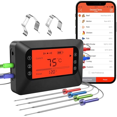 BFOUR Bluetooth Fleischthermometer für Grill, 4 Sonden Grillthermometer mit Hintergrundbeleuchtung, 196ft Fernbedienungsmonitor, 12 voreingestellte Fleischmodi, Timer, Alarm für Ofen von BFOUR