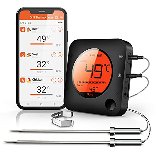 BFOUR Bluetooth Grillthermometer, Digital Funk BBQ Thermometer mit 2 Sonden Fleischthermometer Bratenthermometer 2 Temperaturfühlern mit Alarm Geschenk für Küche,Ofen, Fleisch und Flüssigkeit von BFOUR