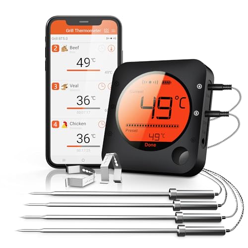 BFOUR 100m Grillthermometer Bluetooth, Fleischthermometer kabelloses mit 4 Edelstahlsonden, große LCD-Anzeige, Bluetooth Bratenthermometer für Grill, Smoker, Ofen, BBQ von BFOUR