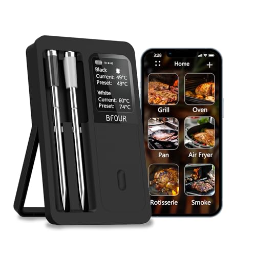 BFOUR Drahtloses Fleischthermometer mit 2 verbesserten Sonden, Bluetooth BBQ Thermometer Kabellos mit LCD Display, 100m Bluetooth Grillthermometer für Grill Ofen Smoker BFOUR Drahtloses Fleischthermometer mit 2 verbesserten Sonden, Bluetooth BBQ Thermometer Kabellos mit LCD Display, 100m Bluetooth Grillthermometer für Grill Ofen Smoker von BFOUR