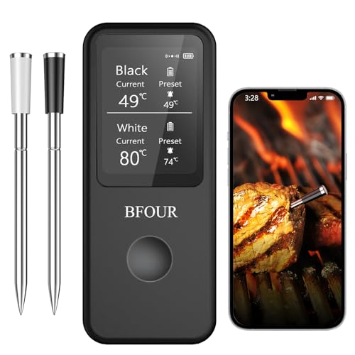 BFOUR Fleischthermometer Kabellos Grillthermometer Bluetooth mit Doppelsonde, App-Steuerung, IP67 wasserdicht, Bratenthermometer drahtlos für Grill, Backofen, Rotisserie BFOUR Fleischthermometer Kabellos Grillthermometer Bluetooth mit Doppelsonde, App-Steuerung, IP67 wasserdicht, Bratenthermometer drahtlos für Grill, Backofen, Rotisserie von BFOUR
