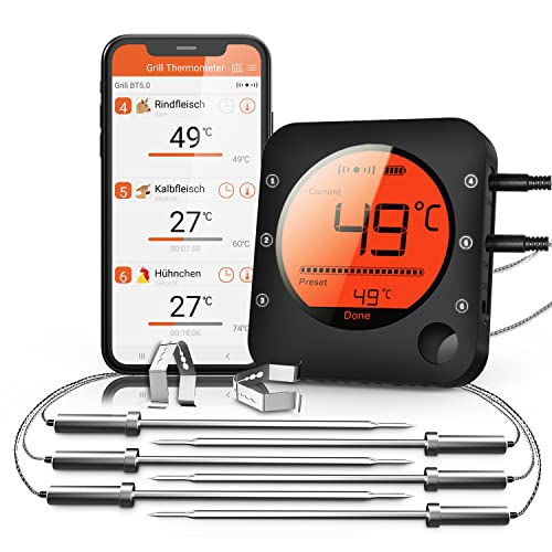 BFOUR Küche Bluetooth Thermometer Digitale Grillthermometer mit 6 Temperaturfühler Fleischthermometer mit Alarm Polierte Schale für Grill BBQ Freund Geschenk von BFOUR