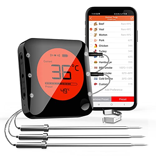 Küche Bluetooth Thermometer Digitale Grillthermometer mit 3 Temperaturfühler Fleischthermometer mit Alarm Polierte Schale für Grill BBQ Freund Geschenk von BFOUR