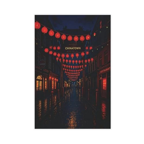 BFTIUTG Chinatown Poster mit Laterne, Straßenszene, Leinwand, Poster, Schlafzimmer, Dekoration, Landschaft, Büro, Raumdekoration, Geschenk, 50 x 75 cm von BFTIUTG