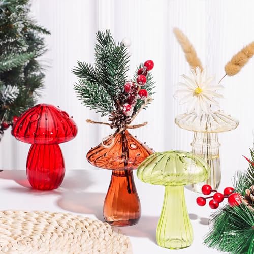 BFYDOAA Farbige Glasvasen Set mit 4 Mini-Pilz-Terrarium-Hydrokultur-Pflanzen, Anzuchtstation für Blumen, Schilf-Diffusor, Tischdekoration von BFYDOAA