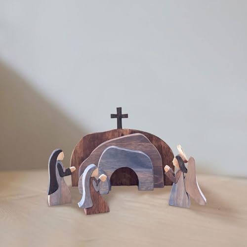 BFYDOAA Hölzernes Jesus-Grabkreuz, Osterszene, Religiöse Verzierung, Christliche Auferstehungsdekoration, Set für die Krippe, Abgestuftes Tablett, Ostergeschenk von BFYDOAA