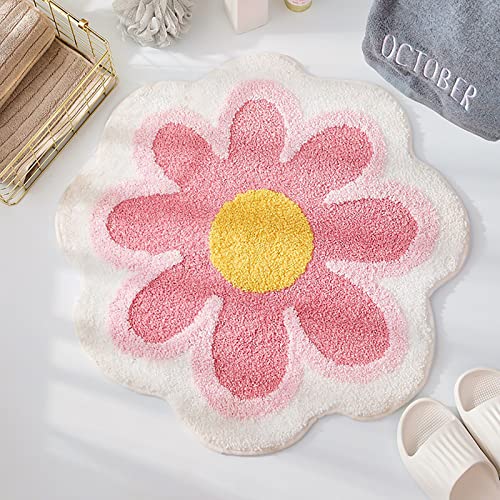 Badezimmerteppich mit Niedlichen Blumen, 60 Cm, Kleiner Runder Teppich, Weiche, Saugfähige Matte, Rutschfeste, Waschbare Fußmatte für Badewanne, Schlafzimmer, Böden, Kinderzimmer, Eingang(Rosa) von BFYDOAA