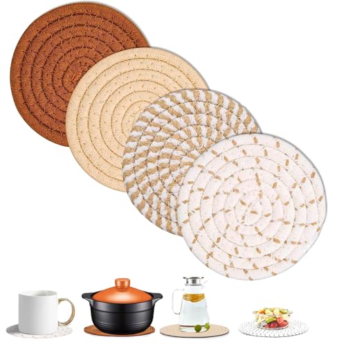 4 Stück Topfuntersetzer Set 18cm Untersetzer Gläser aus Baumwolle Faden Weben Matte Topfuntersetzer Hitzebeständig 4 Farben Runde Geflochtene Untersetzer Heißer Topf für Töpfe Pfannen TellerTassen von BFYGDP