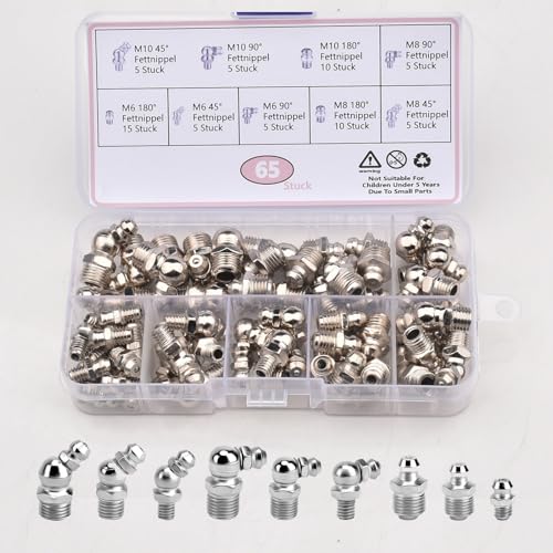 65 Stück Schmiernippel Sortiment Kit Kegelschmiernippel Hydraulik Fettnippel Schmiernippel Set M6 M8 M10 Gerade Abgewinkelt 45° 90° 180° Abschmiernippel für Schmierpressen mit Aufbewahrungsbox von BFYGDP