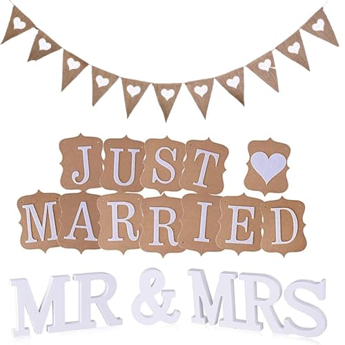 Set of 3 Just Married Garland, Jute Mr Mrs Letters, Wooden Wedding Decoration, Wedding Bunting, Wedding Garland for Decoration, Vintage Bunting, Wedding, Car, Table Decoration, Bridal Couple von BFYHVP