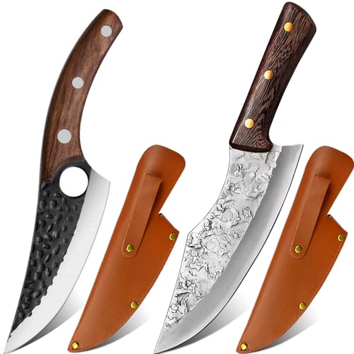 2 Stücke Kochmesser, Küchenmesser mit Lederscheide - Handgeschmiedet Chefmesser,Perfekt zum Schneiden Messer, Japanisches Scharf Messer für Zuhause (2 Stücke) von BFYLIN