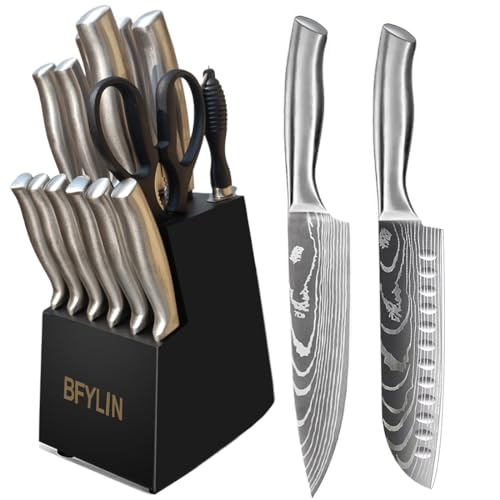 BFYLIN Messer set, 15 Teiliges Küchenmesser set mit Holzblock, Messer block set,Santokumesser Kochmesser Brotmesser Schälmesser Steakmesser Anspitzer (Silber) von BFYLIN