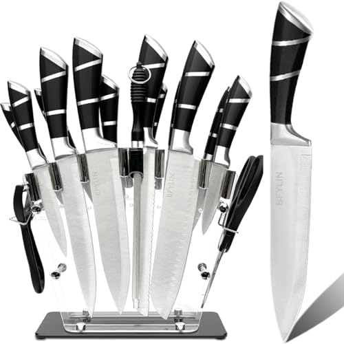 BFYLIN Messerblock Messer set, 16 Teiliges Küchenmesser set, Messer block set,Santokumesser Kochmesser Brotmesser Schälmesser Steakmesser ，Schäler, Küchenschere, Anspitzer Mit Acryl Messerhalter von BFYLIN