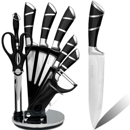 BFYLIN Messerblock Messer set, 9Teiliges Küchenmesser set, Messer block set mit,Kochmesser Brotmesser Universalmesser Anspitzer Gemüsemesser Küchenschere Schäler Mit Acrylmesserhalter von BFYLIN