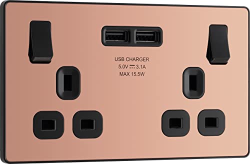 BG Electrical Evolve Doppelsteckdose mit 2 USB-Ladeanschlüssen (3,1 A), 13 A, poliertes Kupfer von British General