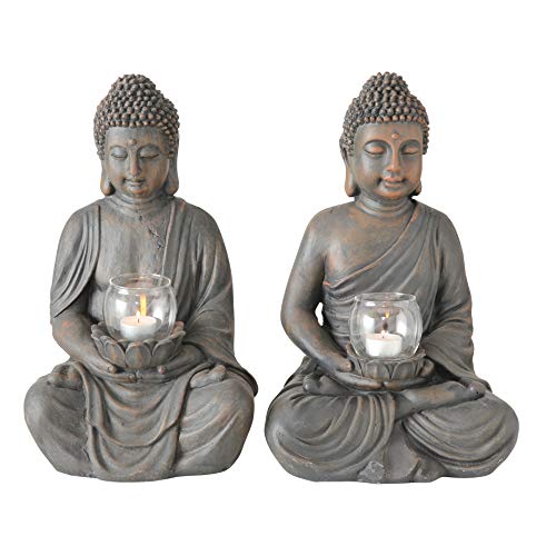 Buddha mit Windlicht, Buddhafigur, Gartenfigur mit Windlicht in den Händen aus Kunstharz, Sortiert, 1 Stück, Höhe ca. 41 cm von WHOLE HOUSE WORLDS
