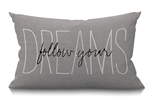 BGBDEIA Follow Your Dreams Lendenwirbel-Kissenbezug, 30 x 50 cm, dekorativer Kissenbezug für Schlafzimmer, Wohnzimmer, rustikal, grau, Typografie, rechteckig, für Bett, Sofa, Couch von BGBDEIA