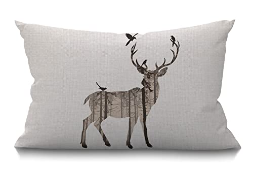 BGBDEIA Hirsch Kiefer und Vögel Kissenbezug Lendenkissen Home Dekorative Baumwolle Leinen Kissenbezug für Sofa Couch Einweihungsgeschenke Familienzimmer Dekor 30 x 50 cm 12 x 20 Zoll von BGBDEIA