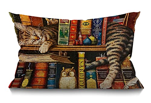 BGBDEIA Katzen-Kissenbezug, lustiges Cartoon-Bücherregal, schlafende Katze, Baumwolle, Leinen, dekorativ, rechteckig, Kissenbezug für Sofa und Bett, Couch, 30 x 50 cm von BGBDEIA