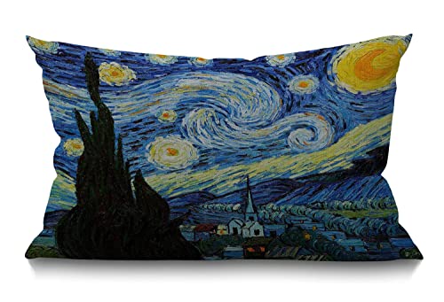 BGBDEIA Van Gogh Kissenbezug 30x50 cm, klassische Kunst, Sternennacht, Bauernhaus, Himmel, Mond, rechteckige Kissenbezüge, Heimdekoration, Baumwolle, Leinen, Wurfkissenbezug für Bett, Sofa, 30x50 cm von BGBDEIA