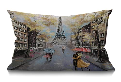 Paris Kissenbezug, 30x50 cm, Ölgemälde, Herbstliebhaber, Kuss auf regnerischer Frankreich, Straße, Eiffelturm, rechteckig, Kissenbezüge, Heimdekoration, Baumwolle, Leinen, Überwurf für Bett, Sofa von BGBDEIA