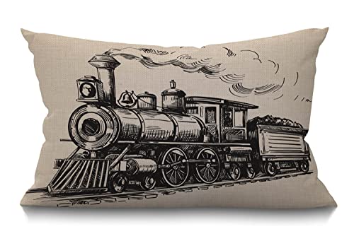 Zug Kissenbezug 30 x 50 cm Vintage Zug Land Lokomotive Holz Wagons Schiene Straße Rauch Rechteck Kissenbezüge Home Dekorative Baumwolle Leinen Wurfkissenbezug für Bett Sofa Beige 30 x 50 cm von BGBDEIA