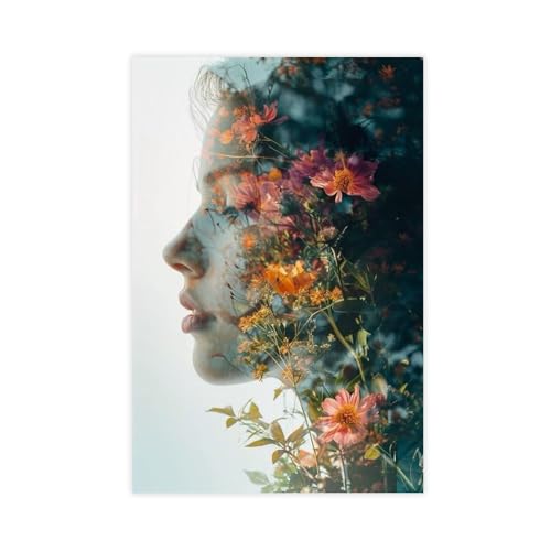 BGFER Kunstposter mit Frauenkopf-Blumen (18) auf Leinwand, Wandkunst, Dekordruck, Bild Gemälde für Wohnzimmer, Schlafzimmer, Dekoration, 50 x 75 cm von BGFER