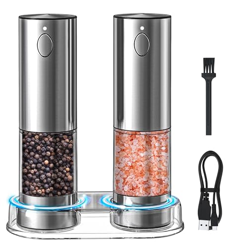 BGFOX Salz und Pfeffermühle Elektrisch Set Grinder Edelstahl, Einstellbare Grobheit Keramik Grinder mit USB Aufladbar, LED-Beleuchtung, Bürste, Veranstalter von BGFOX